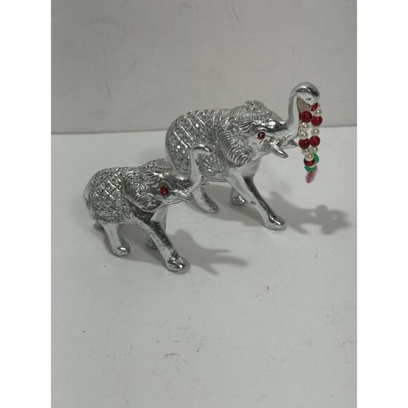 Lot 2 Brass Elephants W/ Stone Decor Mom & Baby Indian Luck Figures Silver Color - Picture 1 of 9